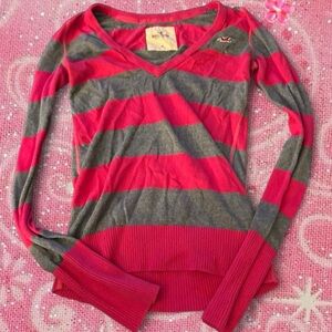 Hollister Gray and Hot Pink Striped Long Sleeve V-Neck Tee